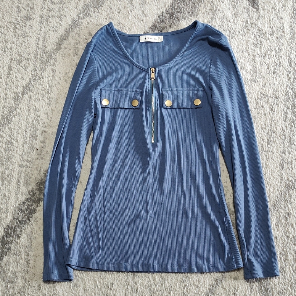 Stylish Long Sleeve Blue Top with Gold Accents, Size S
